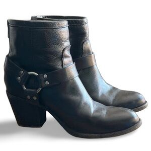 Frye Black Leather Harness Ankle Boots Chunky Heel Made in USA Size 9